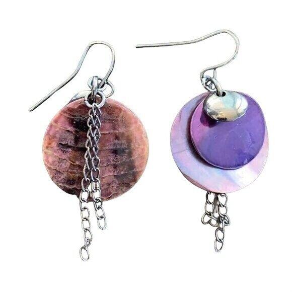 Dangle Earrings Purple Iridescent Shell and Chain - Picture 1 of 9